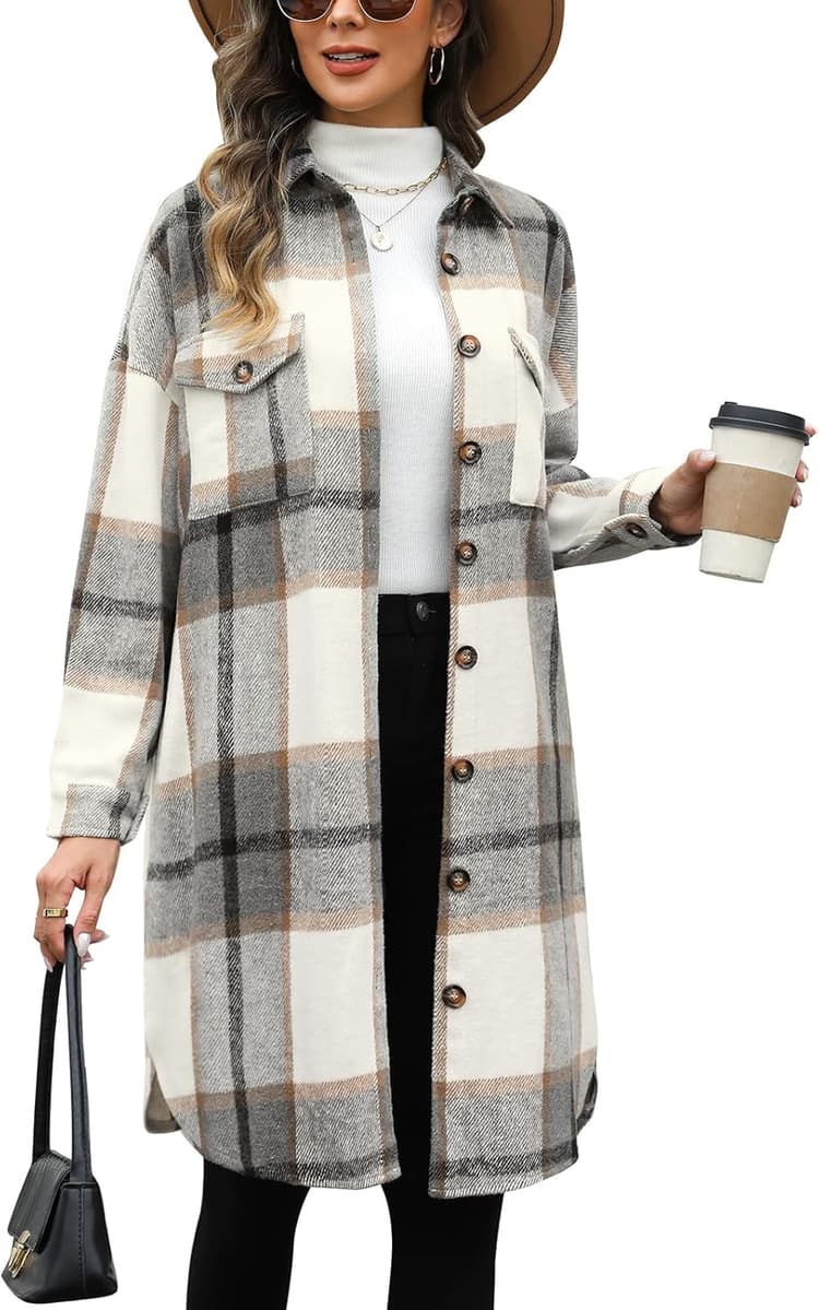 Tuopuda Veste Chemise à Carreaux en Flanelle pour Femme Manches longues Veste à Carreaux Blouse avec Boutons Long Manteau Mélange de laine