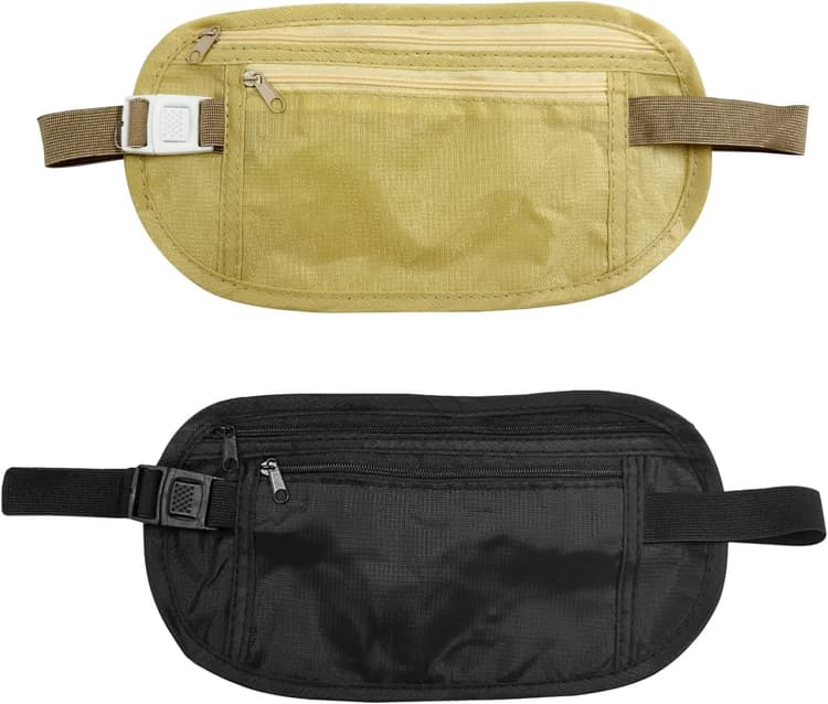 Ceinture d'argent dissimulée 2 pièces, Sac de Taille de sécurité antivol, élastique réglable, étanche, pour sport, Voyage, pour téléphone Portable, espèces (Beige, Noir)