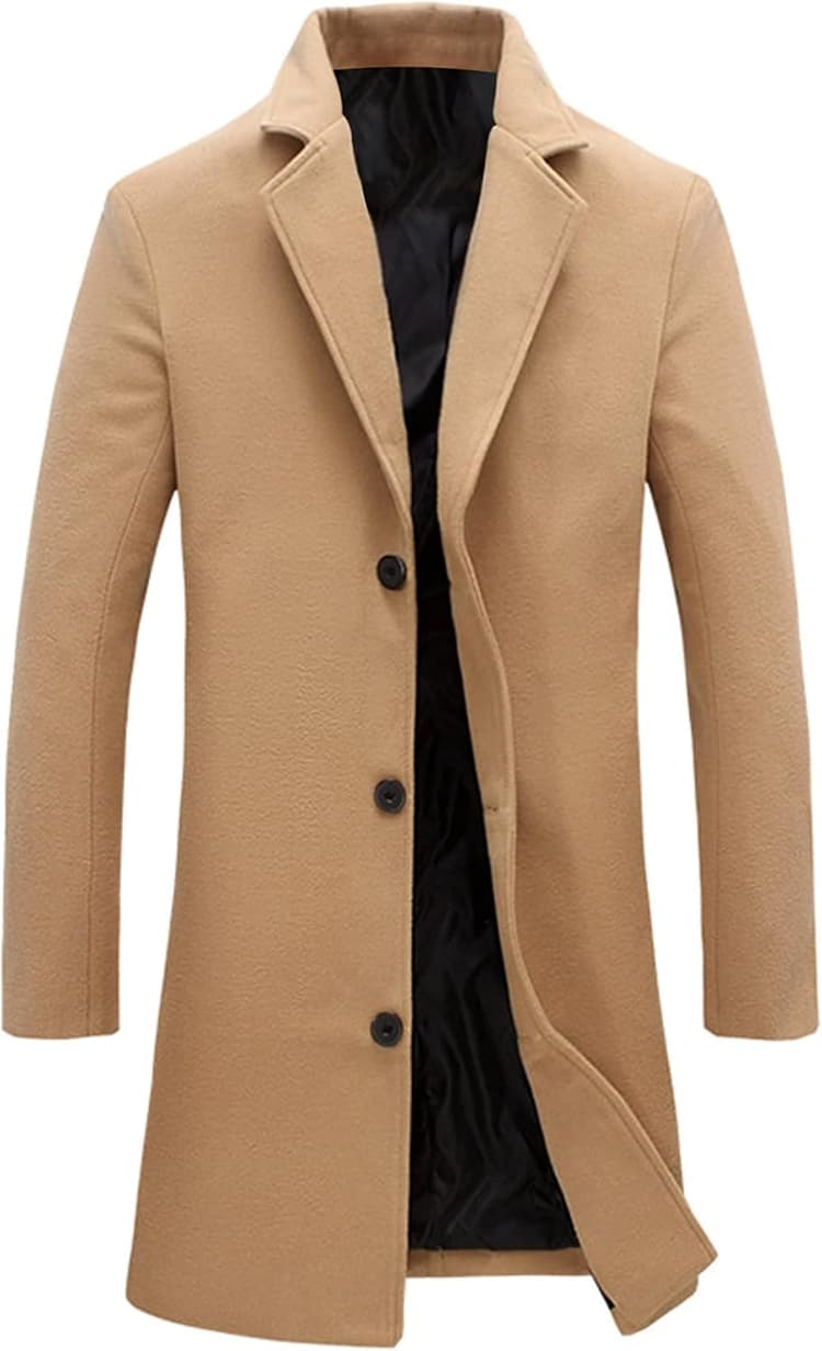 Springrain Men's Wool Blend Pea Coat Notched Collar Single Breasted Overcoat Warm Winter Trench Coat