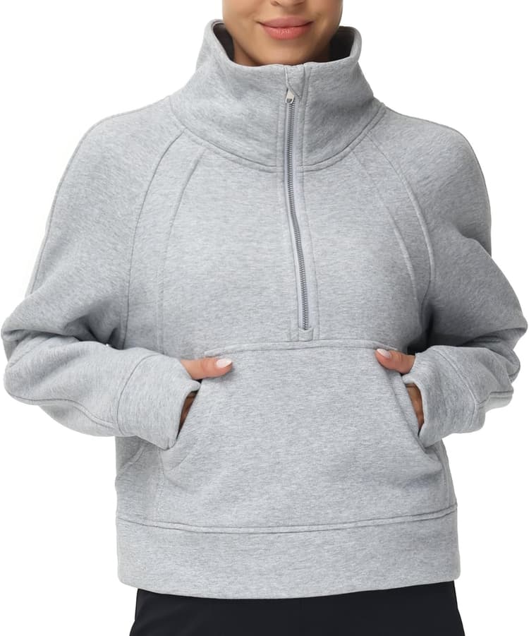 THE GYM PEOPLE Womens' Half Zip Pullover Fleece Stand Collar Crop Sweatshirt with Pockets Thumb Hole