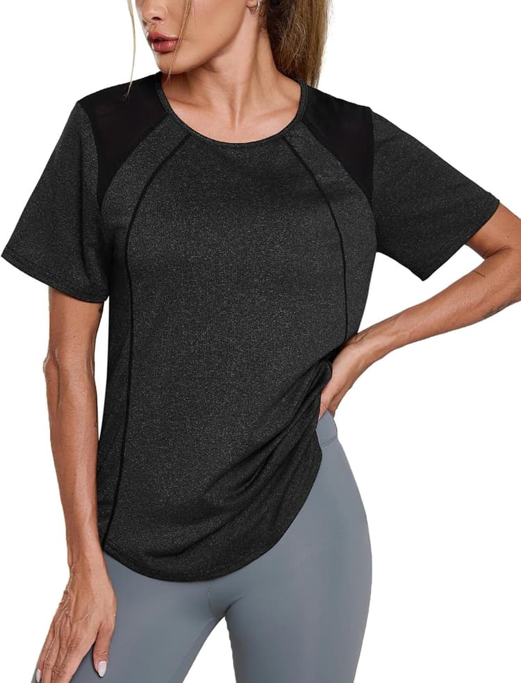 T-Shirt de Sport Femme à Manches Courtes avec Dos Creux et Maille Respirante Haut de Fitness Femme Séchage Rapide pour Running Yoga et Entraînement
