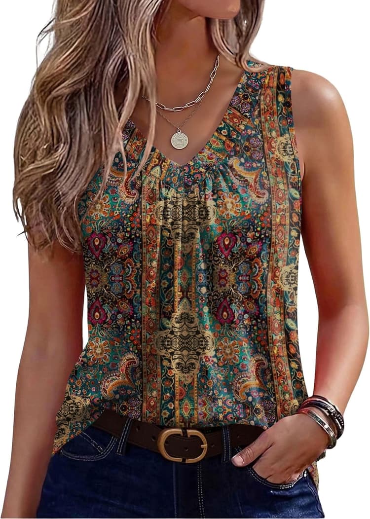 Zeagoo Womens Tank Tops Summer Sleeveless Loose Fit Tops V Neck Pleated Shirts Basic Tees Dressy Casual Trendy Clothes