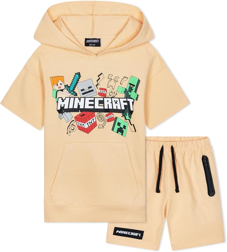 Minecraft Ensemble de survêtement à capuche et short pour garçon 2 pièces Creeper Adolescents Gamer Été Manches courtes Sweat à capuche Poches zippées Sports Casual Activewear