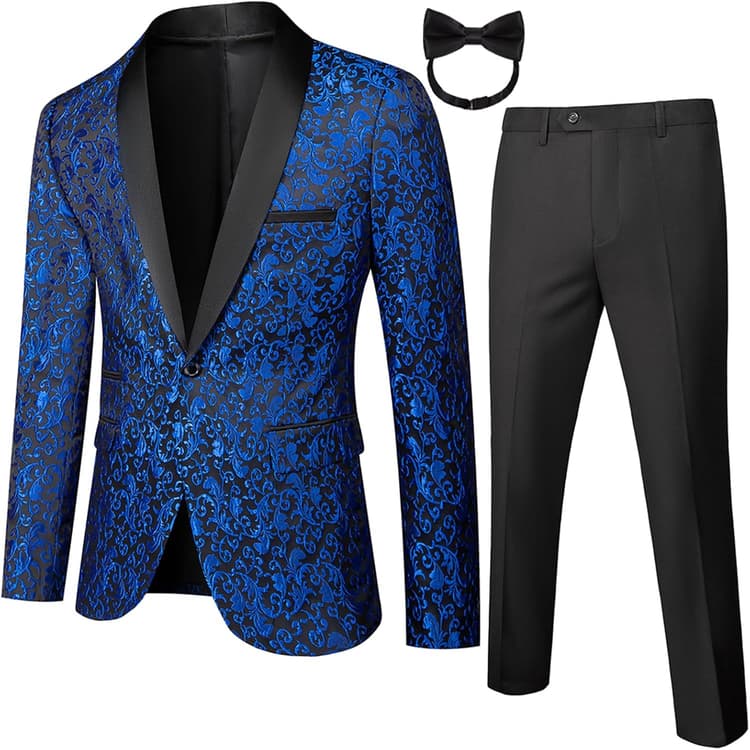 Men Black Suit Floral Tuxedo for Prom Wedding Party Dress Suit Jacket Pants 2 Piece Slim Fit Shawl Lapel