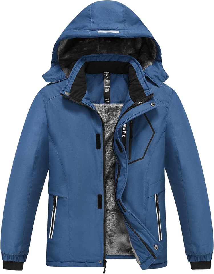 MoFiz Veste de Ski Garçon Hiver Chaud Manteau de Neige Imperméable de Montagne en Polaire Coupe-Vent Enfants Blouson avec Capuche Amovible 6-16 Ans