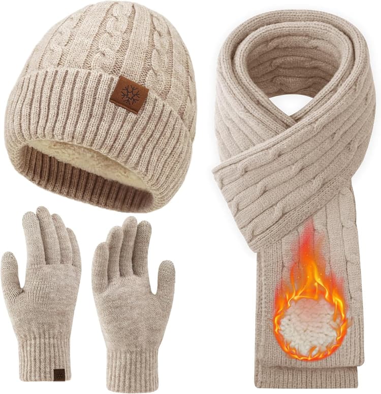 Womens Winter Beanie Hat Scarf Gloves Set, Knit Touch Screen Gloves Long Scarf Skull Caps Fleece Lined Winter Gift
