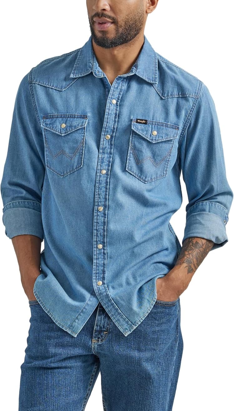 Wrangler Iconic Denim Regular Fit Snap Shirt Chemise à Bouton Bas Homme (Lot de 1)