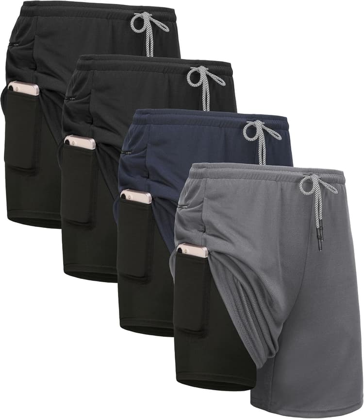4 Pack Mens 2 in 1 Running Workout Shorts with Liner, Gym Athletic Quick Dry Sport Shorts with Pockets