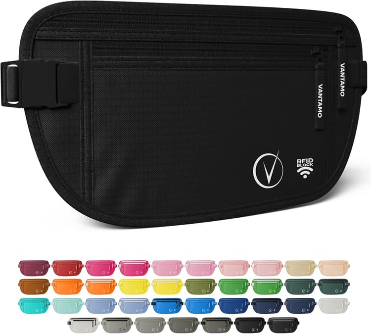 Vantamo Sac Banane Femme Ultra Fin avec Protection RFID, Antivol Banane Homme avec Sangle Réglable, Ceinture Course à Pied Légère pour Voyage et Sport, Pochette Secrète pour Telephone et Passeport