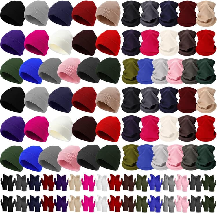 Yunsailing 96 Pcs Winter Beanie Hat Gloves Scarf Set Bulk for Snow Homeless Knit Skull Cap Fleece Neck Warmer for Adult