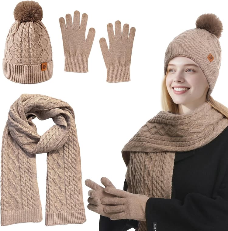 QUIRAI Winter Hat Gloves Scarf Set Women, Fleece Lined Beanie with Pom, Scarf Neck Warmer Touchscreen Gloves 3 in 1 Gift Set