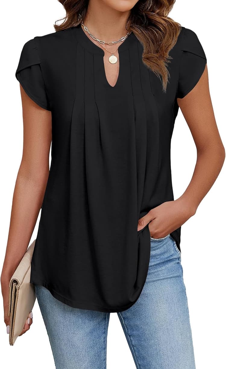 Tunique Femme Manche Courte Col en V Blouse Femme Ete Élégant Couleur Unie/Fleurs Tee Shirt