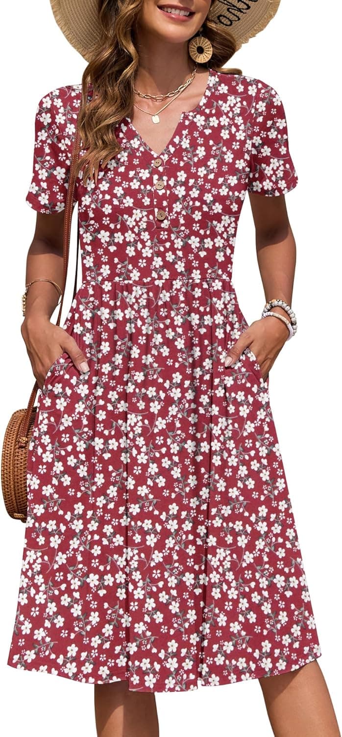 AUSELILY Robe Femme d'été à Manches Courtes avec Boutons Robes Longueur Genou légère Col en V Style Empire Décontractée avec Poches