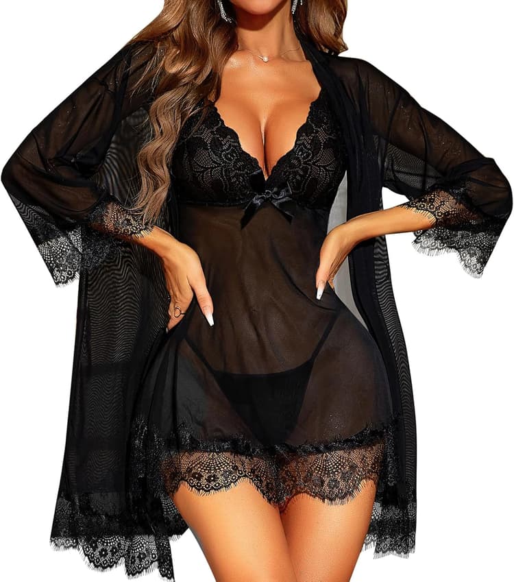 RSLOVE Nuisette Sexy Femme Robe de Nuit Lingerie Babydoll avec G-String Ensemble Lingerie Dentelle Feminin 3 Pièces
