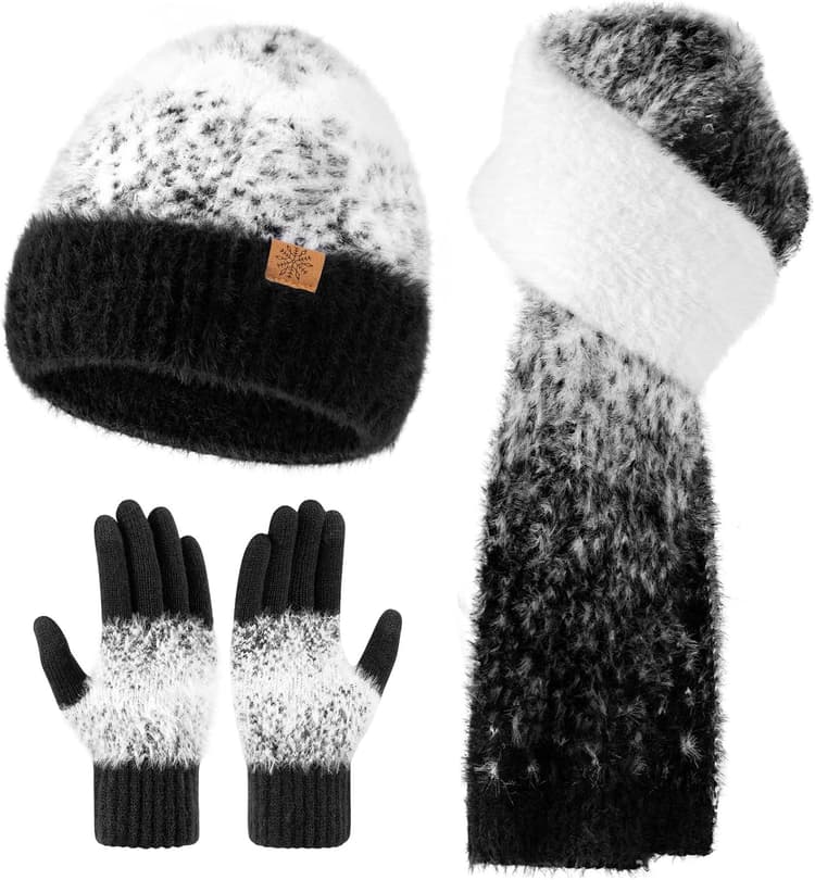 Winter Beanie Hat Scarf Gloves Set for Women, Warm Soft Knit Skull Cap Long Scarf Touchscreen Gloves 3 in 1 Set for Women/Men