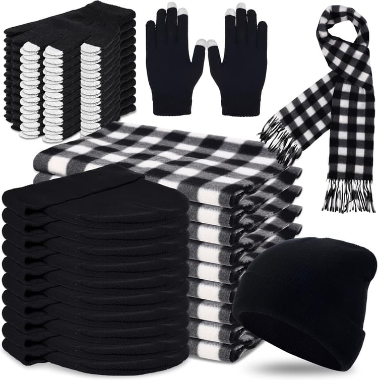 90 Pcs Hats Scarves Gloves Supplies Bulk Winter Beanie Hats Black Grey Grids Scarves Touchscreen Gloves Gift