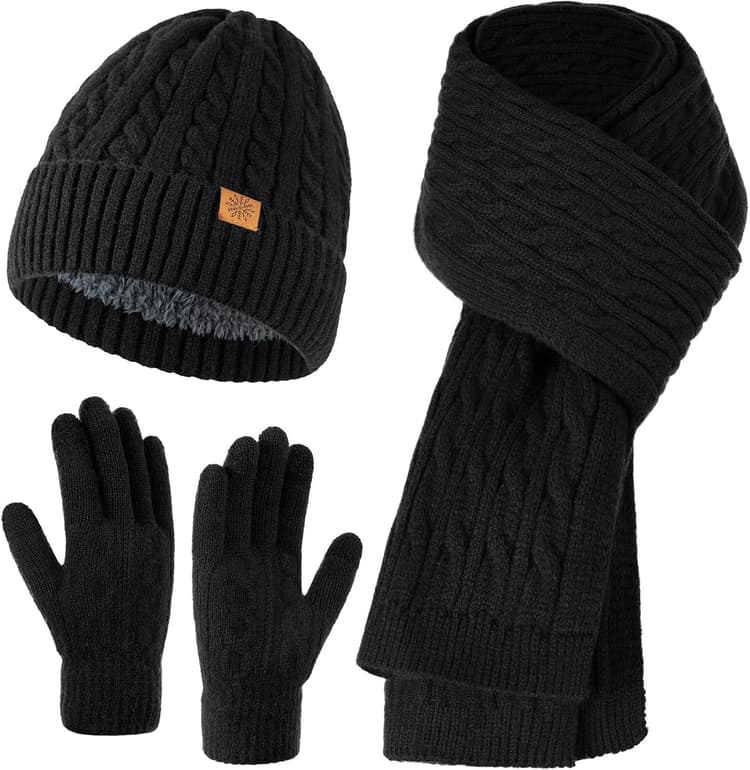 Womens Winter Knit Warm Hat Beanie Long Scarf Touch Screen Gloves Set for Cold Weather, 3 in 1 Warm Gift Set