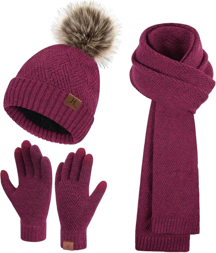 Femmes Hiver Chaud Bonnet Pompon Longue Echarpe Gants Tactiles Ensemble Tricot avec Doublure Polaire Thermique Cadeaux Noel Femme