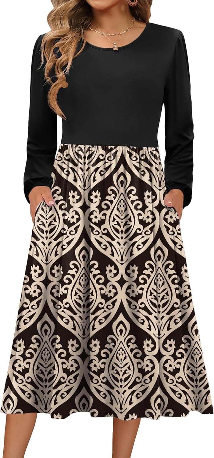 Zeagoo Robe femme, à manches longues, tricotée, col rond, robe d'automne, coupe trapèze, mi-longue, tunique, décontractée, avec poches