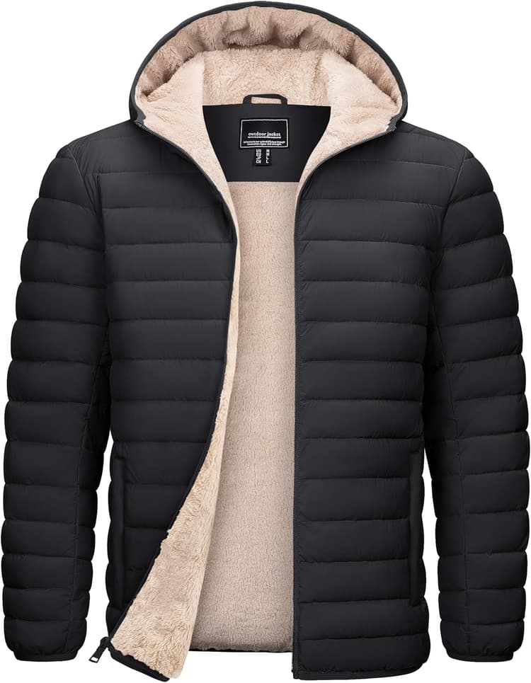 TACVASEN Men's Puffer Jacket Hooded Sherpa Lined Water Resistant Windproof Insulated Jacket Warm Winter Puffy Coat