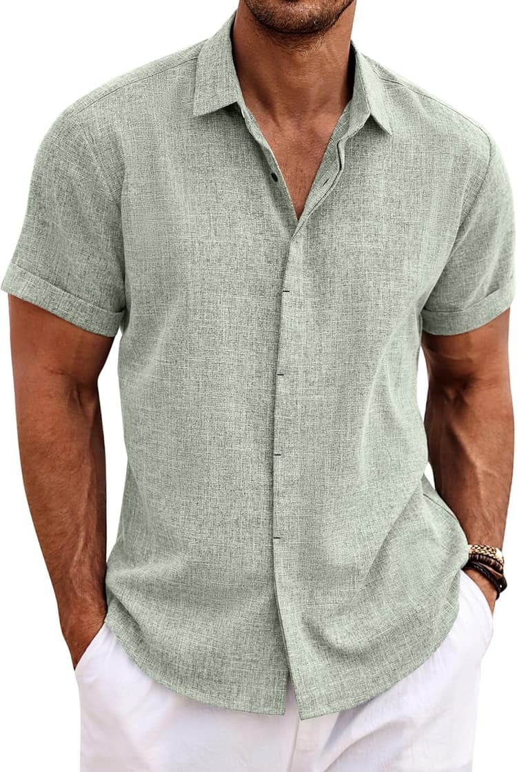 COOFANDY Chemise en Lin pour Hommes Chemise à Manches Courtes Boutonnée Coupe régulière Chemises décontractées Chemise d'été en Lin de Plage