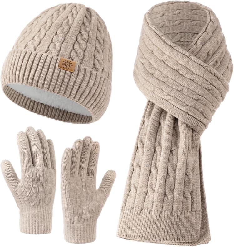 Womens Winter Knit Warm Hat Beanie Long Scarf Touch Screen Gloves Set for Cold Weather, 3 in 1 Warm Gift Set