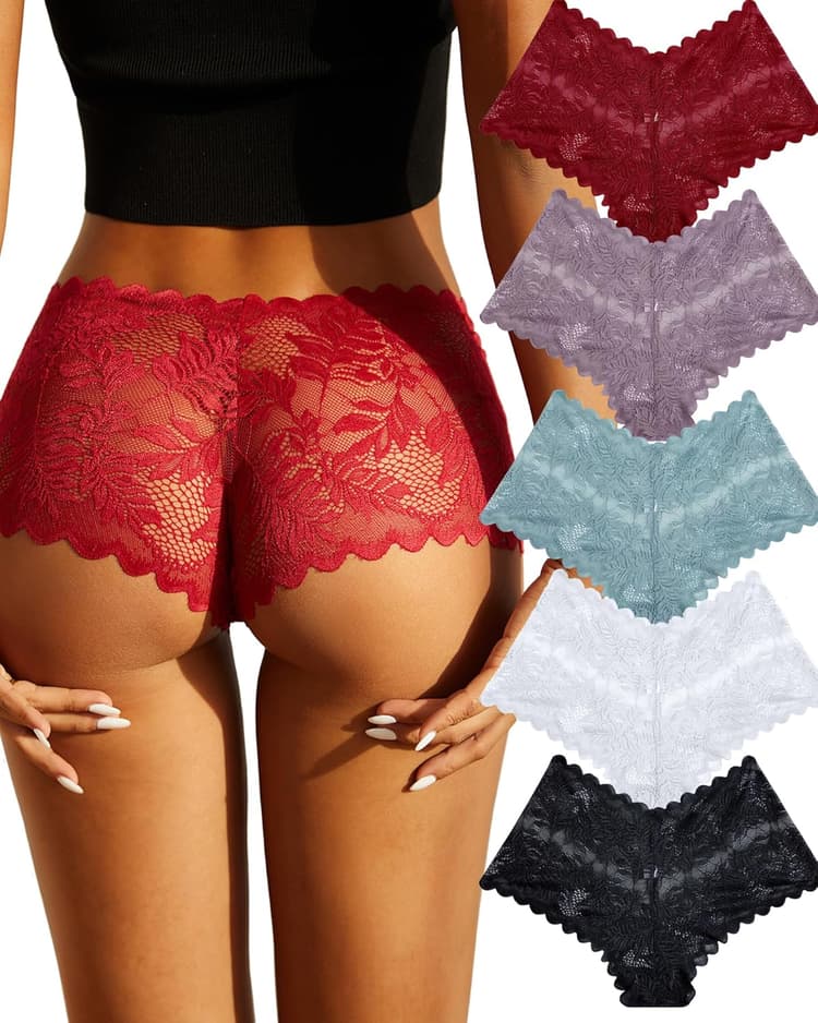 FINETOO 5 Pack Sexy Lingerie Panties for Women Pack V-Waist Lace Womens Underwear French Cut Boyshorts Panty