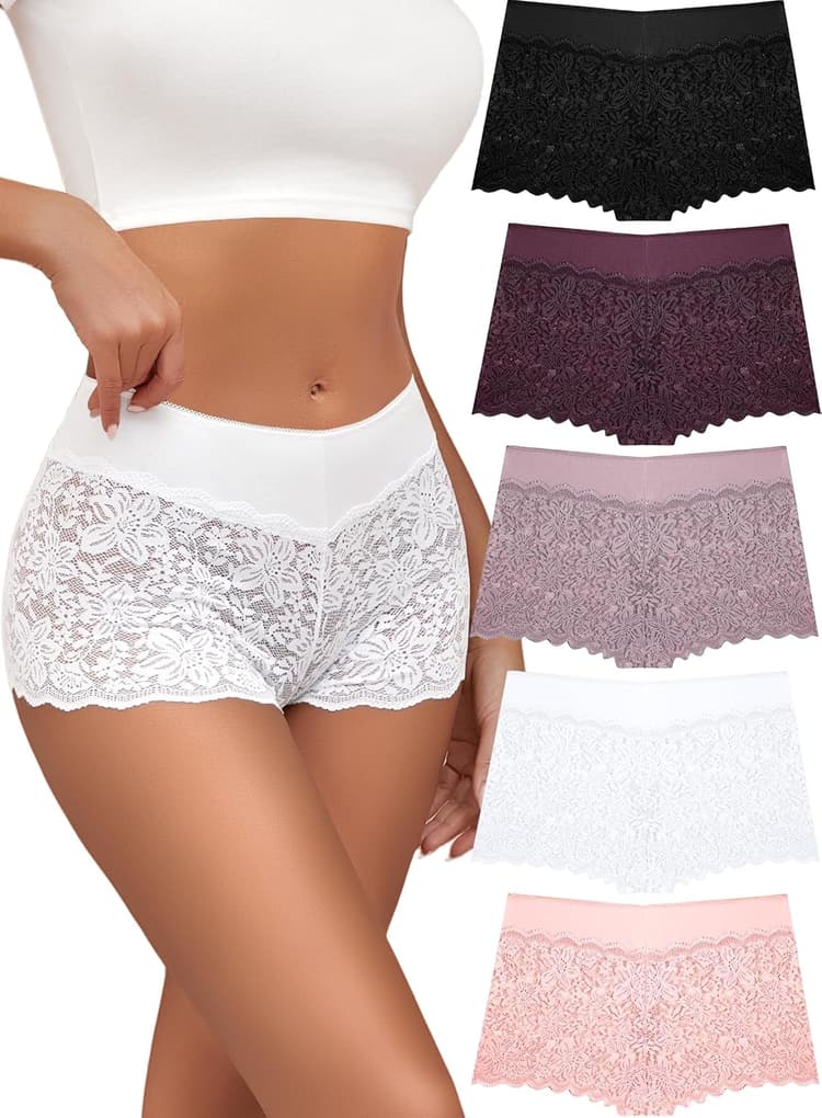 Lace Boyshort Sexy Underwear Womens Panties Cheeky Plus Size Lingerie Stretch Cotton Waistband S-3XL 5 Pack