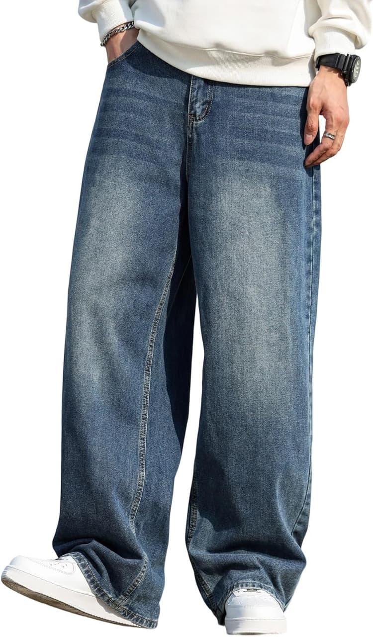 Men's Baggy Hip Hop Jeans Wide Leg Skater Denim Pants Casual Loose Fit Long Trousers Streetwear