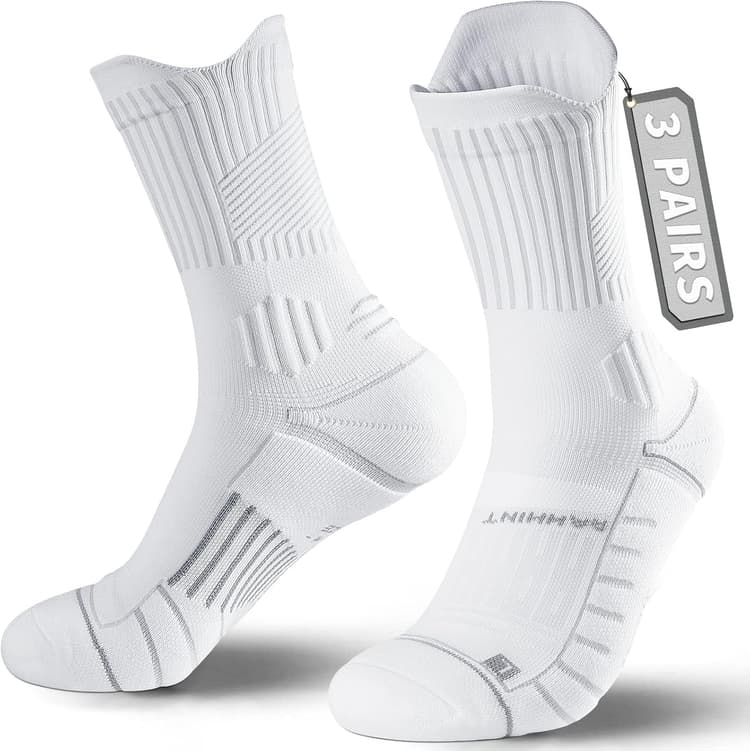Compression Running Socks 3 Pairs, Cushion Crew Socks, Anti-Blister Moisture Wicking Athletic Hiking Basketball Socks