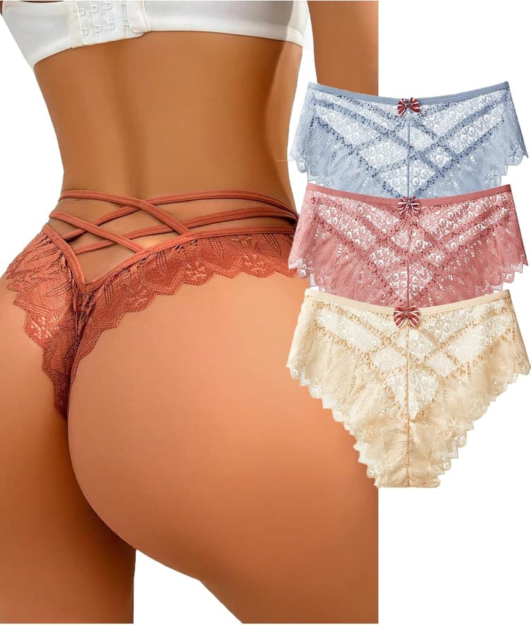 Womens Sexy Thongs Lace Panties Underwear Low Rise Plus Size Underpants Pack of 1-3