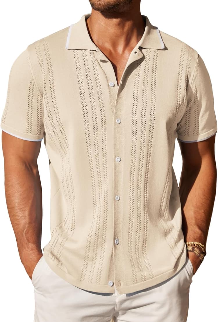 COOFANDY Men's Knit Button Down Shirt Vintage Short Sleeve Polo Shirts Casual Beach Tops
