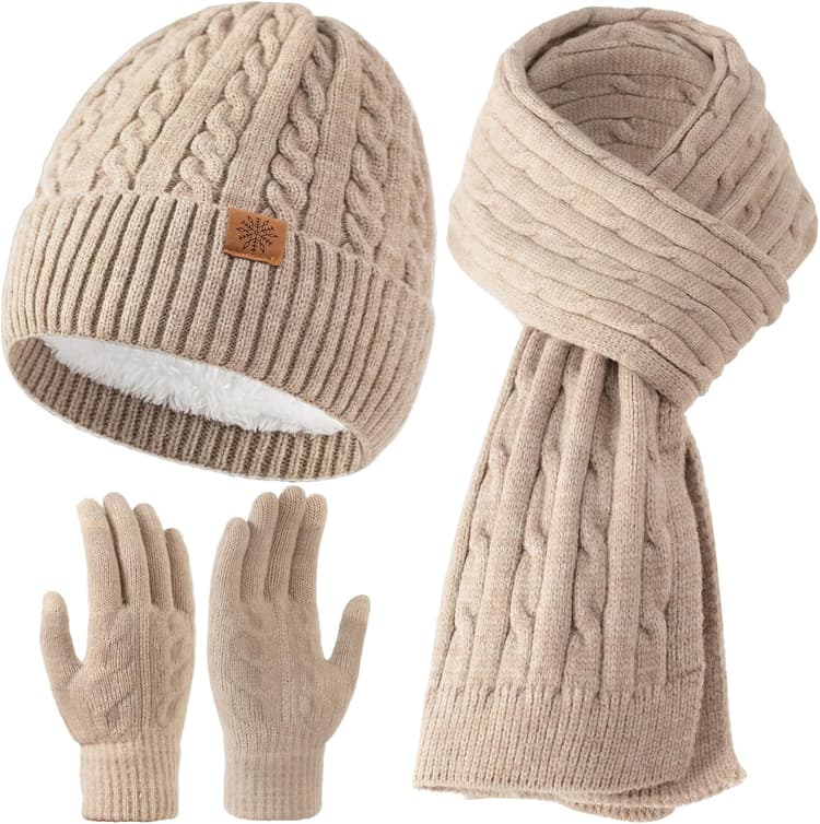 Tavaleu Winter Scarf Hat Gloves Set for Women Men, Warm Lined Beanie Hats Touchscreen Gloves Soft Long Scarf