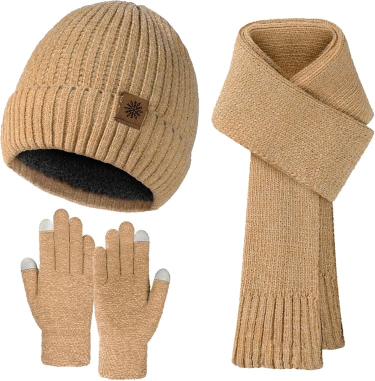 Pleneal Winter Hat Gloves Scarf Set for Women Men Warm Lining Beanie Hats Touchscreen Gloves Thick Soft Scarf