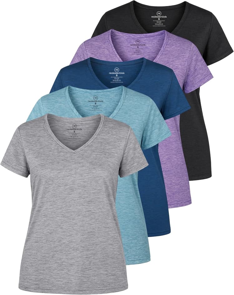 Real Essentials 5 Pack: Women's Dry-Fit Short Sleeve V Neck T Shirt Workout Fitness Yoga Top Tee (Available in Plus Size)