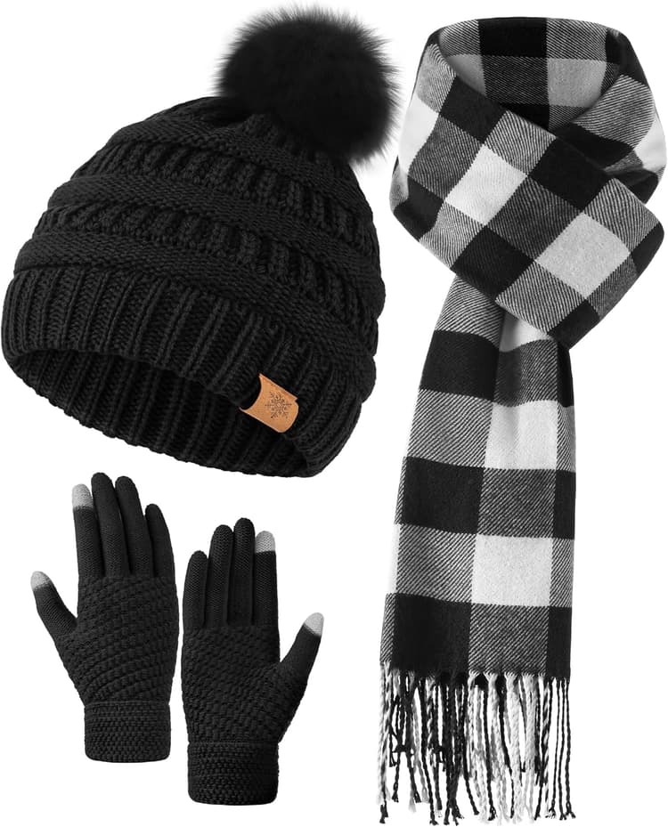 Winter Hat Gloves Scarf Set for Women, Fleece Lined Beanies, Long Scarf for Women and Touchscreen Winter Gloves Set