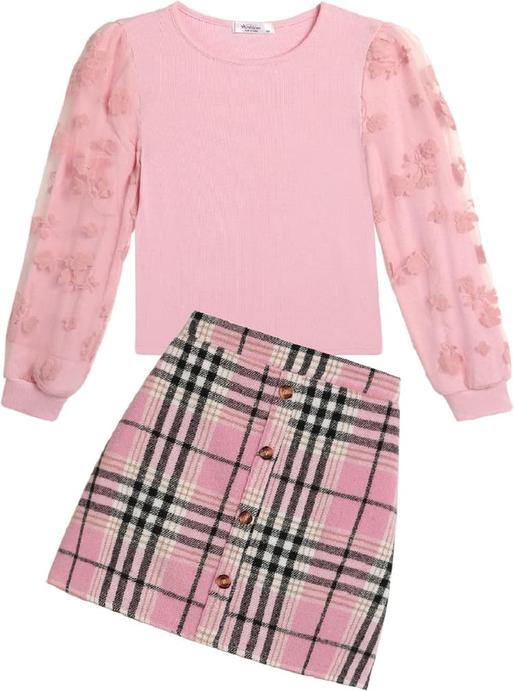 Arshiner Filles Ensembles Élégant Hauts à manches longues avec Jupe en Plaid Enfants Ensemble Mode Tenue Automne Hiver Vêtements Set pour Fille 5-13 ans