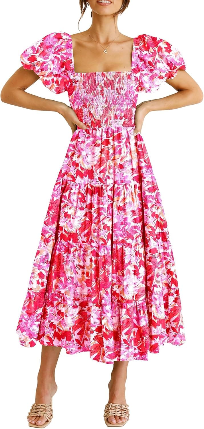 PRETTYGARDEN Women's Casual Summer Midi Dress Puffy Short Sleeve Square Neck Smocked Tiered Ruffle Dresses