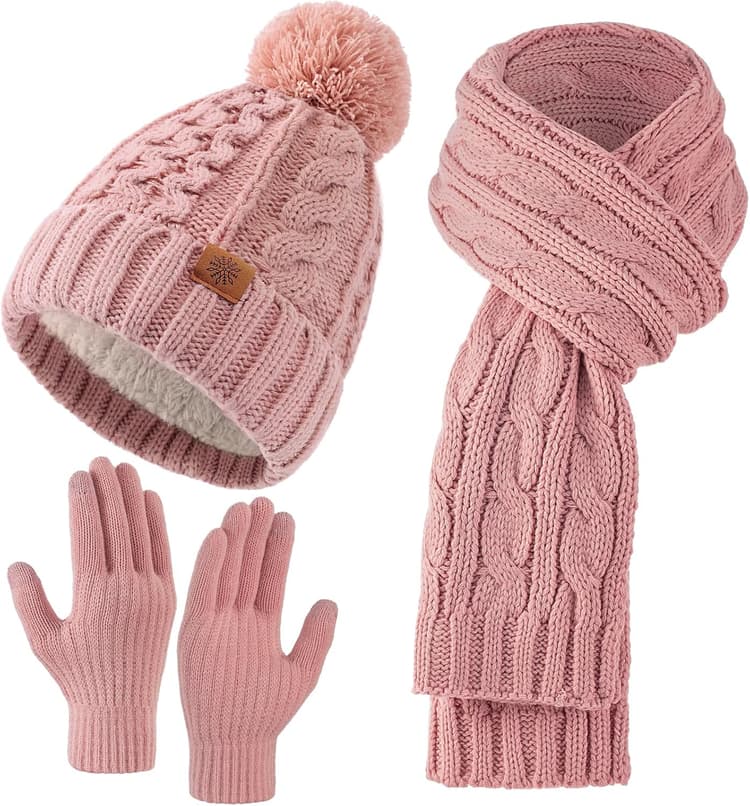 Tavaleu Womens Winter Beanie Hat Scarf Gloves Set, Pom Pom Beanie Warm Knit Scarf Touchscreen Gloves for Cold Weather