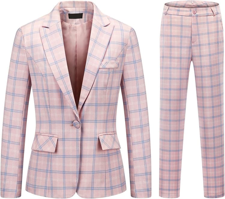 Womens 2 Piece Plaid Suits Set Business Office One Button Blazer Jacket Casual Long Sleeve Pant Suit Set
