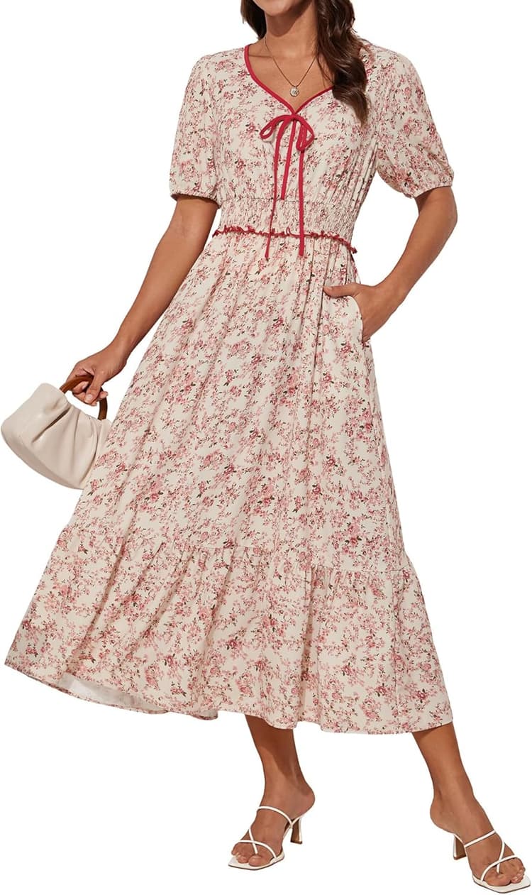 GRACE KARIN Robe d'été 2025 pour femmes, robe midi fluide et fluide à manches courtes et col en V smocké