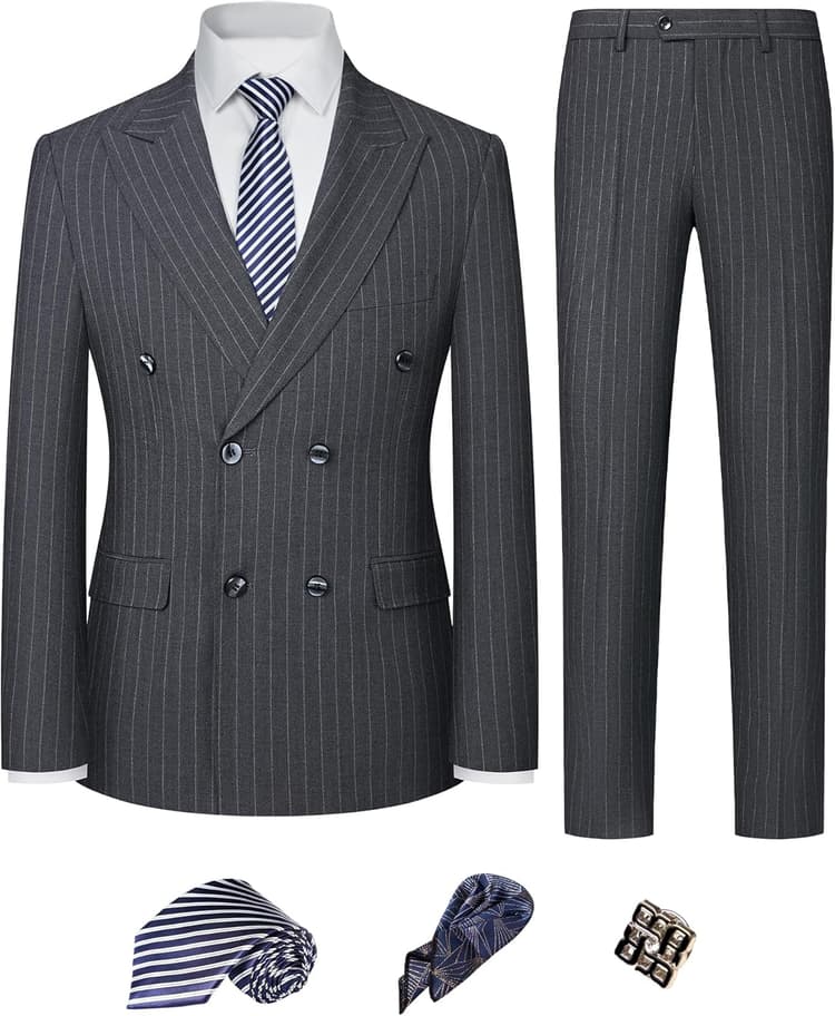 Men's Double Breasted Slim Fit Wedding Suit, 2-Piece Peak Lapel Stretch Washable Formalwear Groom Business Suit