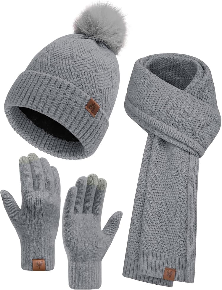 Voqeen Femmes Ensemble Bonnet Écharpe Gants Hiver Chaud Bonnet Pompon de Doublure Polaire Gants Tactiles Longue Foulard Grand Tricoter Douce 3Pcs Cadeaux de Noël