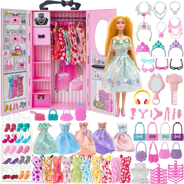 122 Pcs Armoire Poupee Jouets Set avec Poupées 11,5 Pouces, Vetement et Accessoire, Inclut Dressing Robe Princesse Sacs Chaussures, Jeux Déguisement pour Filles, Enfants, Tout-Petits (Rose)