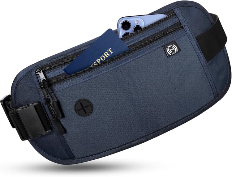 Pochette Ceinture de Voyage pour Femmes et Hommes,Ceinture de Voyage Technologie de Blocage RFID,Banane Secrete Voyage Sac Banane antivol caché pour Passeport,Téléphone Portable,Bleu Foncé