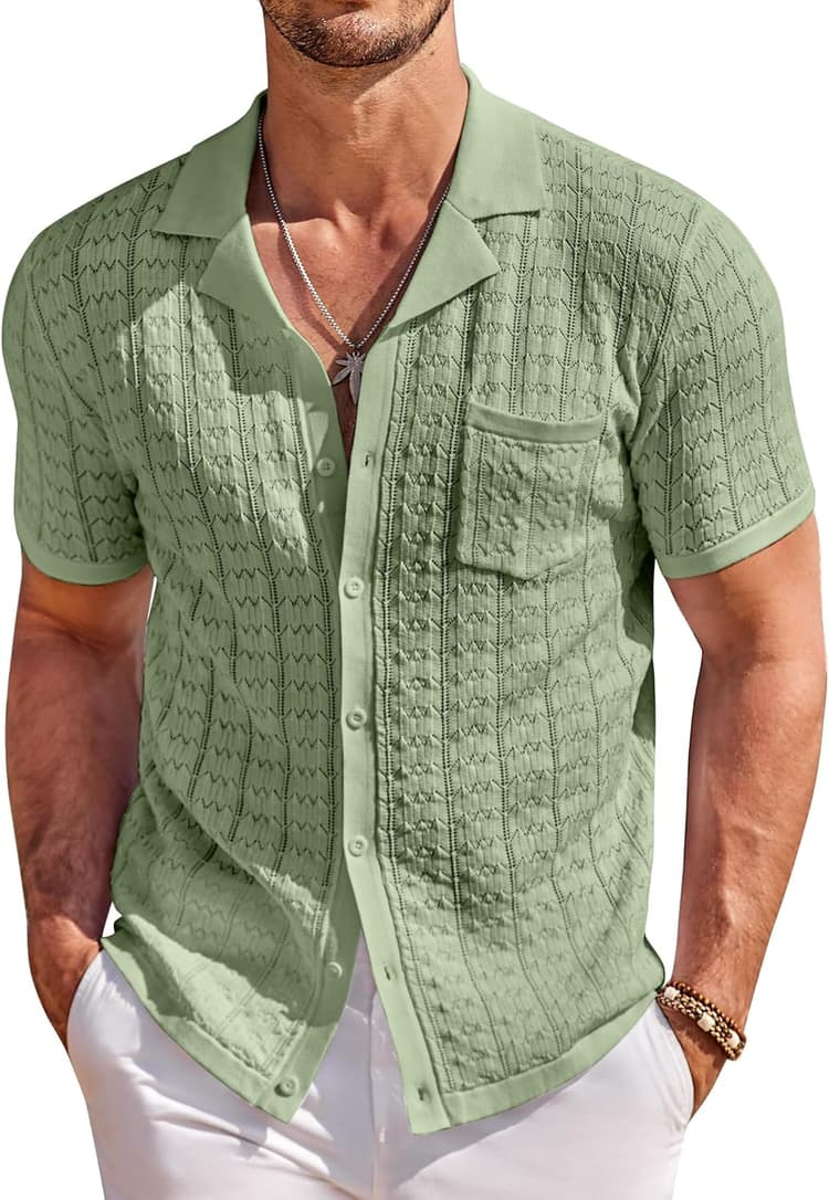 COOFANDY Men's Knit Shirts Short Sleeve Button Down Casual Polo Shirt Summer Beach Vacation Shirts