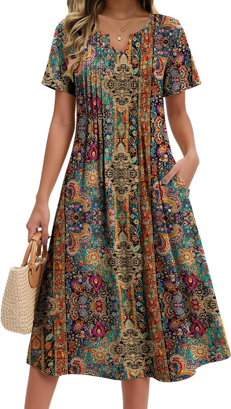 Zeagoo Summer Dresses for Women 2026 Casual Short Sleeve Aline Midi Dress with Pocket Flowy Pleated Tshirt Beach Sundress