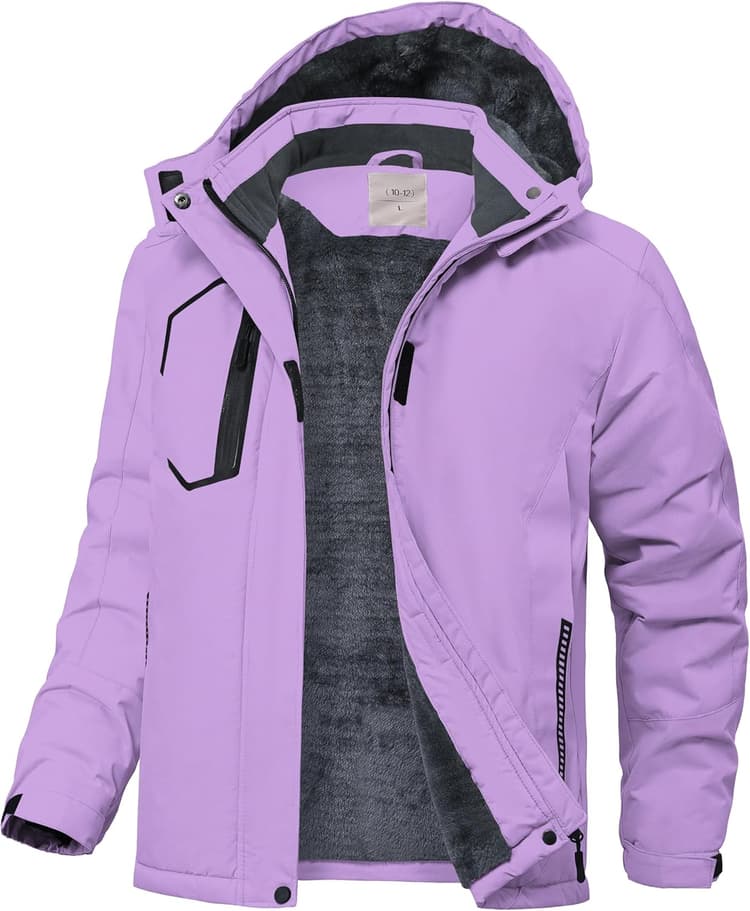 Kids Winter Jackets Warm Fleece Waterproof Snow Jacket with Zipper Pockets Detachable Hood
