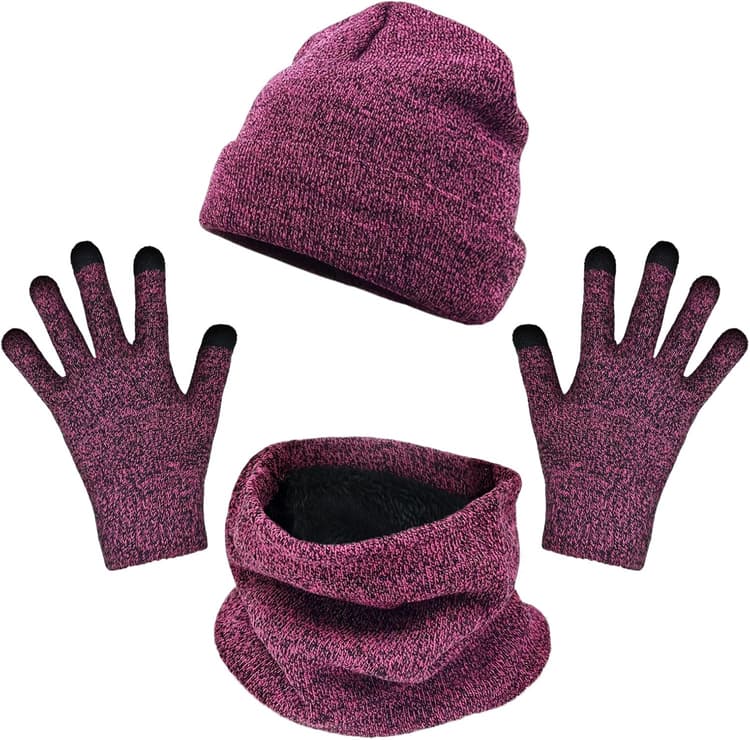 Lot de 3 bonnets, écharpes, gants d'hiver thermiques tricotés, bonnets, cache-cou et gants tactiles 3 en 1 avec doublure en polaire douce chaude et épaisse pour sports de plein air quotidiens