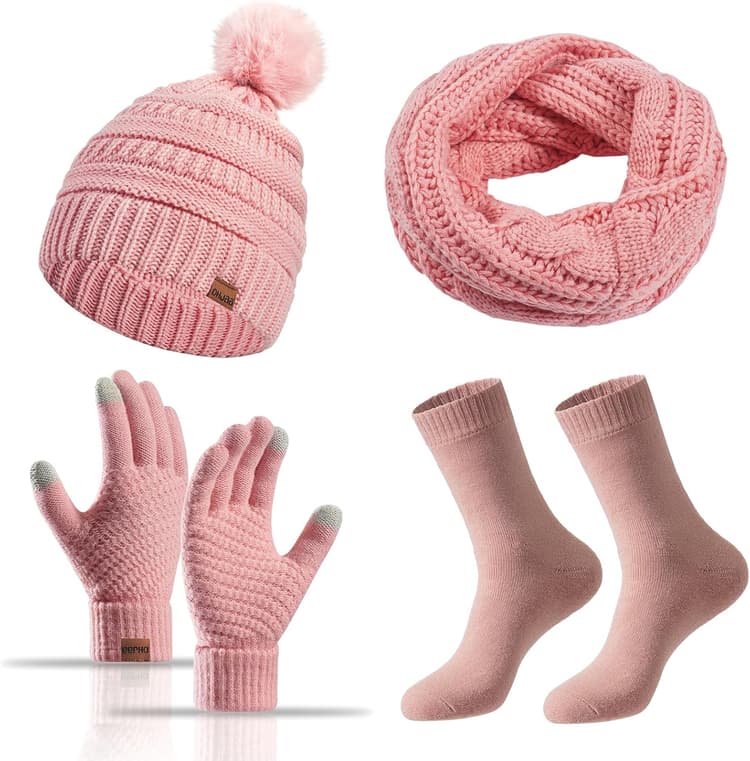 4 Pièces Ensemble Bonnet Écharpe Gants et Chaussettes pour Femme Set Hiver Très Chaud pour Elle